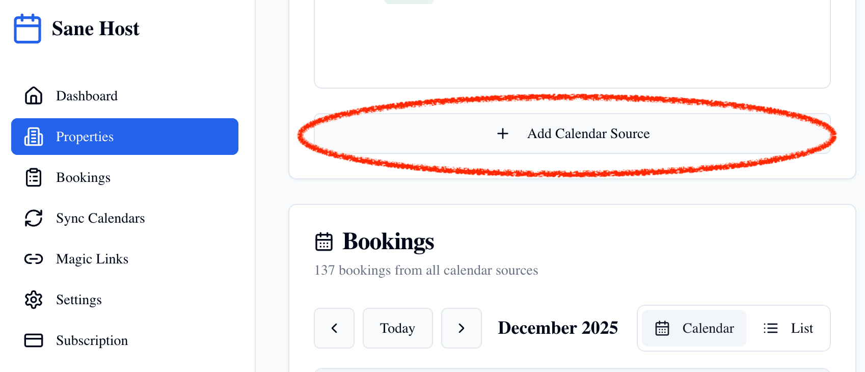 Sane Host interface showing Add Calendar Source button