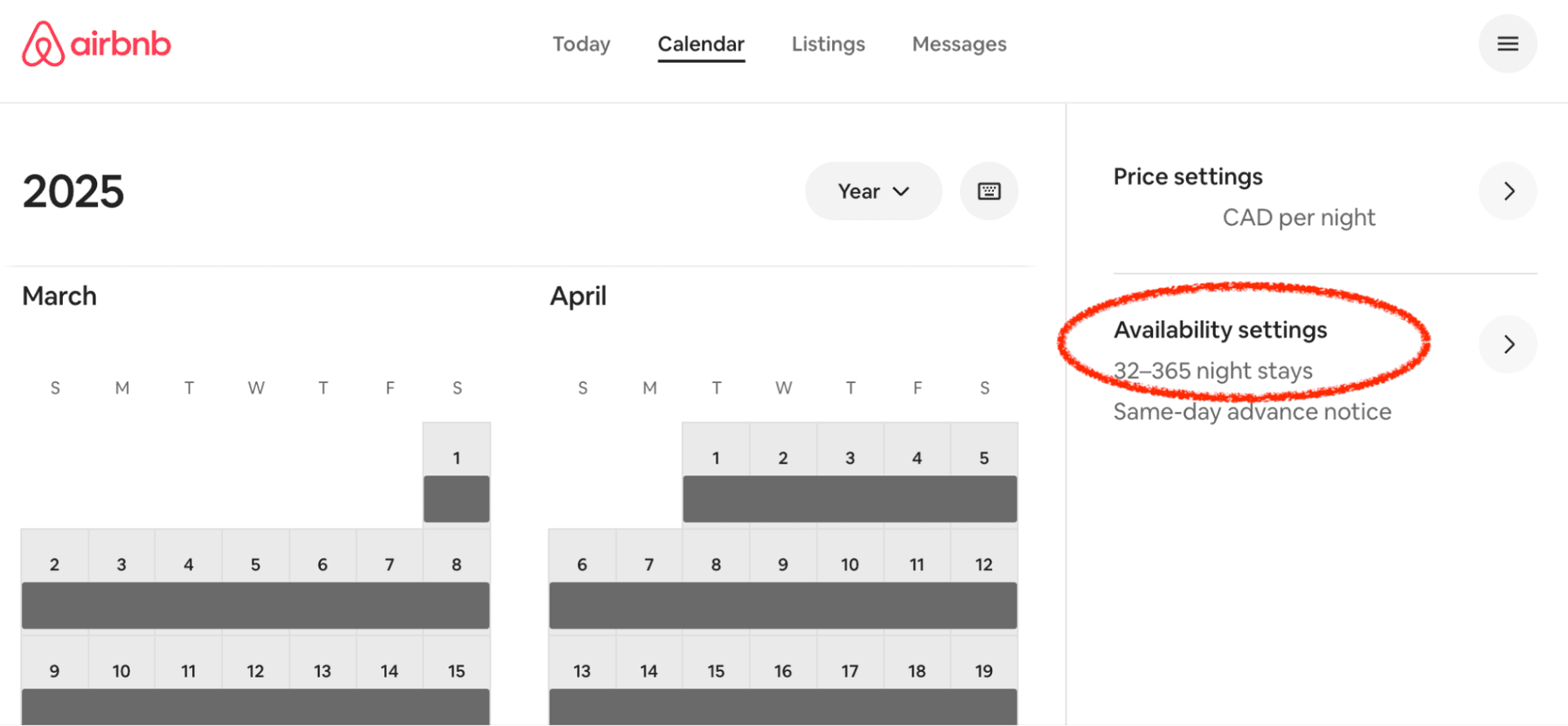 Airbnb calendar page showing Availability Settings button