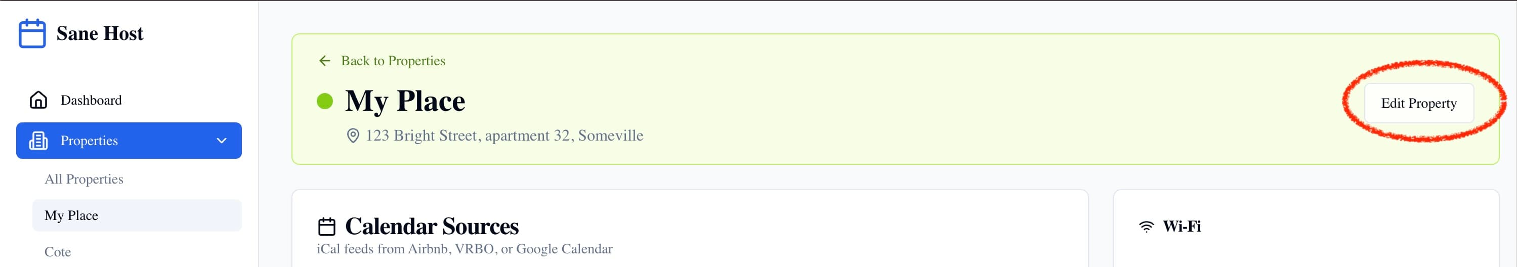 Sane Host property page with the Edit Property button highlighted