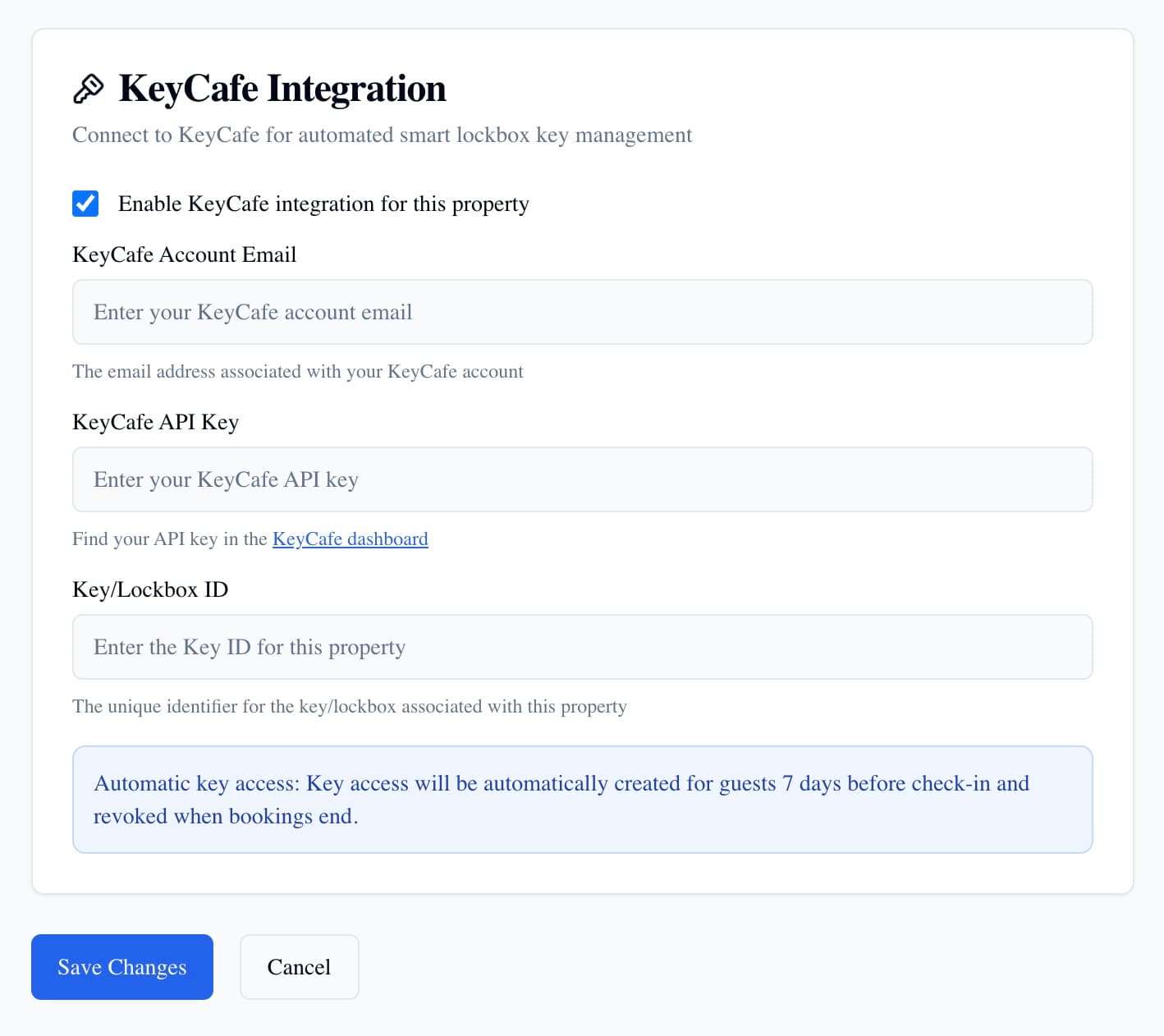 Sane Host KeyCafe Integration form with email, API key, and lockbox ID fields