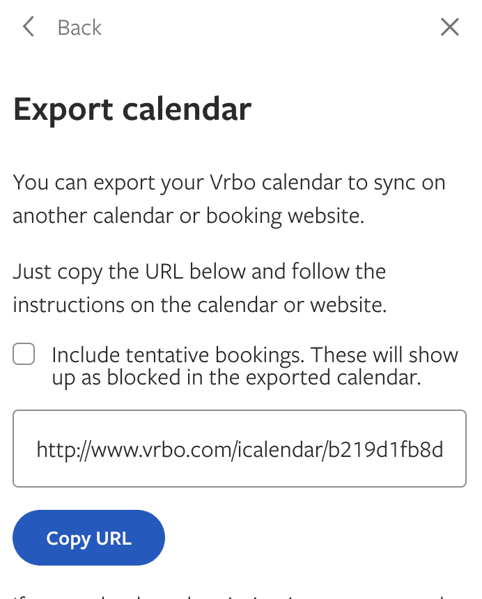 Export calendar dialog showing URL to copy